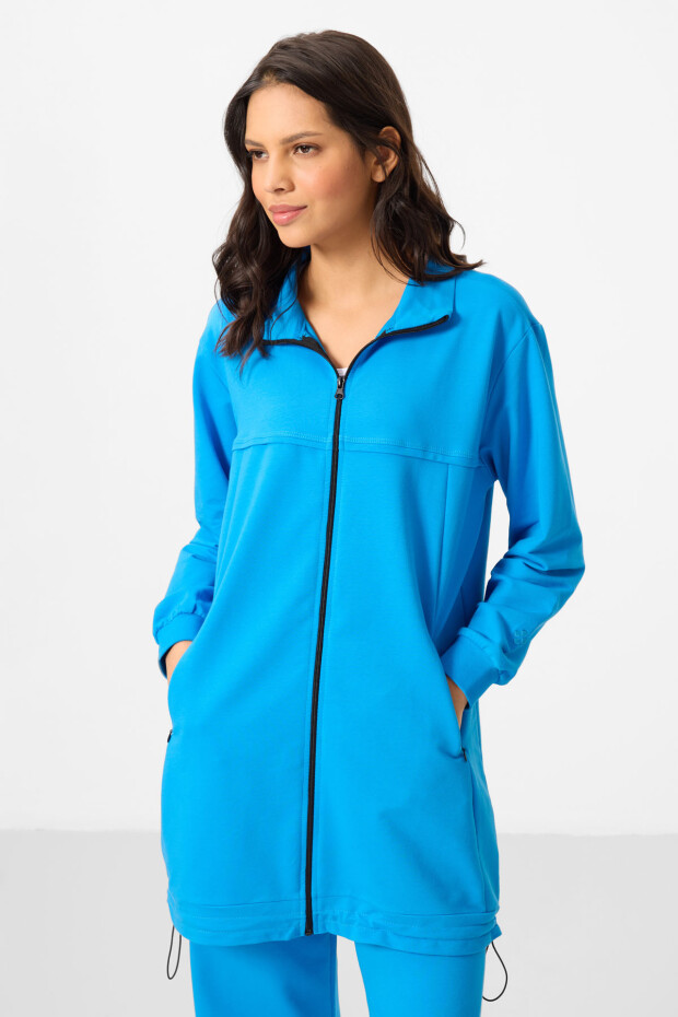 Mavi Dik Yaka Fermuarlı Pamuklu Kadın Eşofman Tunik Takım - 95346 - 4