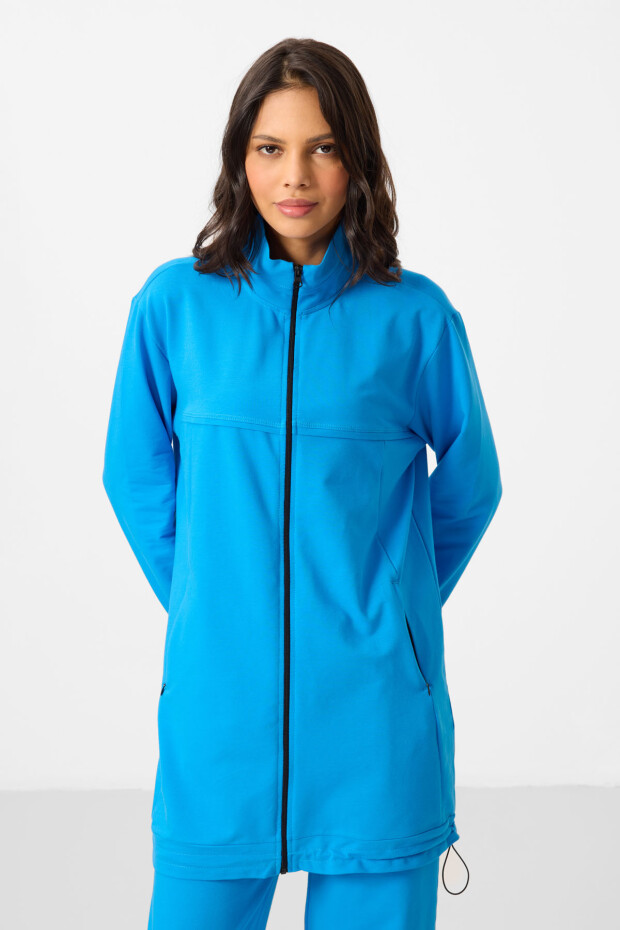 Mavi Dik Yaka Fermuarlı Pamuklu Kadın Eşofman Tunik Takım - 95346 - 6