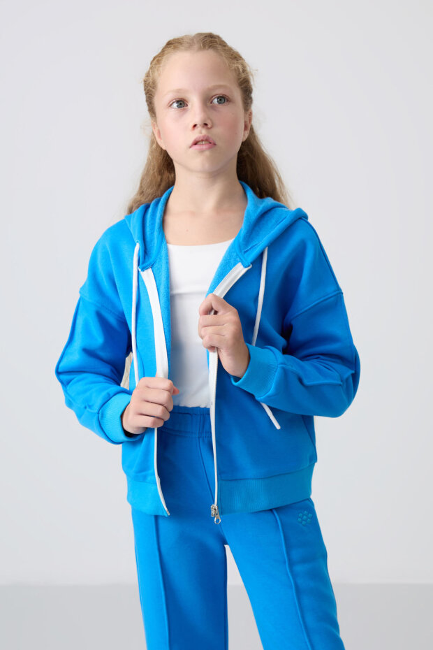 Mavi Pamuklu İçi Tüylü Yumuşak Dokulu Standart Fit Nakışlı Kız Çocuk Eşofman Takım - 75161 - 3