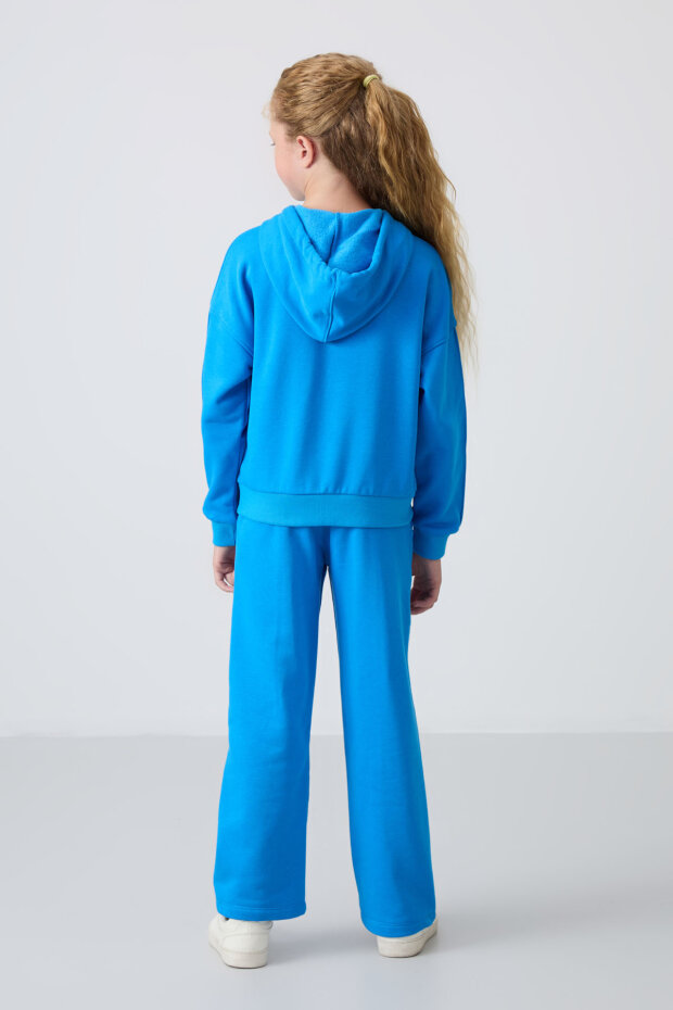 Mavi Pamuklu İçi Tüylü Yumuşak Dokulu Standart Fit Nakışlı Kız Çocuk Eşofman Takım - 75161 - 5