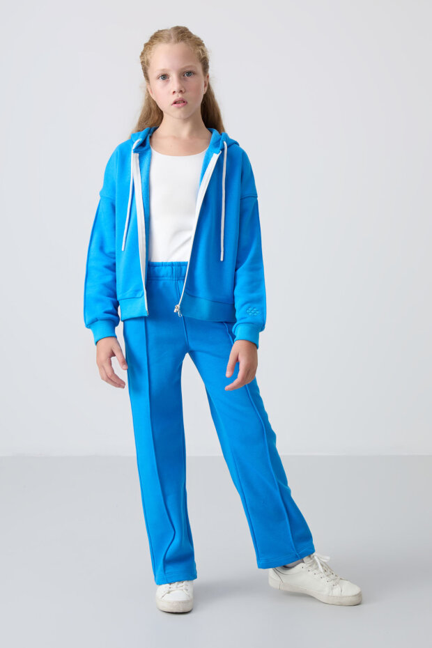 Mavi Pamuklu İçi Tüylü Yumuşak Dokulu Standart Fit Nakışlı Kız Çocuk Eşofman Takım - 75161 - 1