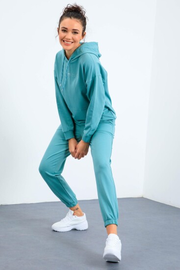 Mint Yeşil Kapüşonlu Kanguru Cep Oversize Lastik Paça Kadın Eşofman Takımı - 95288 
