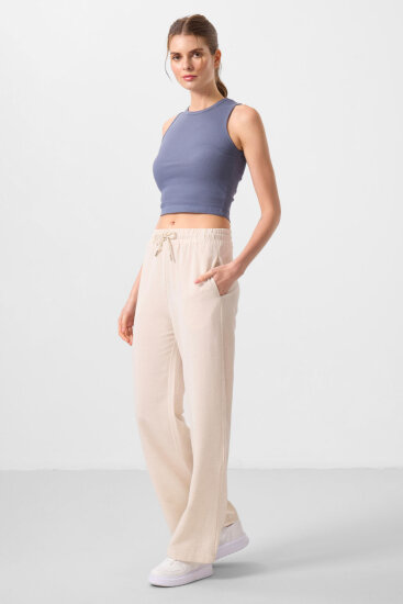 Bej Keten Geniş Paça Rahat Form Kadın Palazzo Pantolon - 94675 - TOMMYLIFE (1)