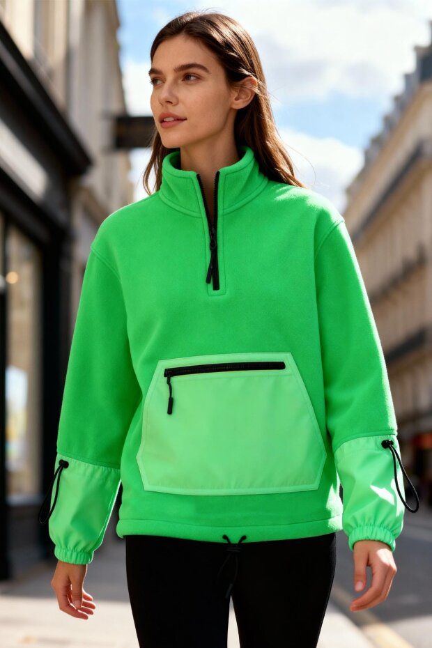 Neon Yeşil Etek Ucu Büzgülü Yarım Fermuarlı Oversize Kadın Polar Sweatshirt - 97238 - 1