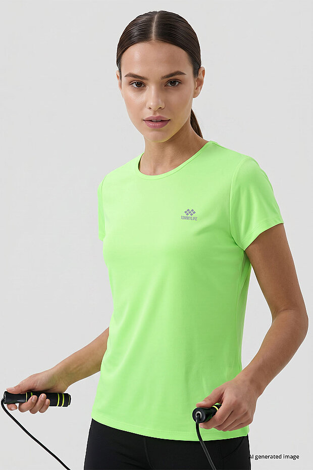 Neon Yeşil Basic Kısa Kol Standart Kalıp O Yaka Kadın T-Shirt - 97144 - 2