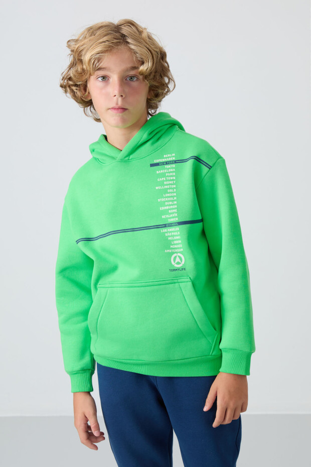 Neon Yeşil Pamuklu Kalın İçi Tüylü Yumuşak Dokulu Standart Fit Baskılı Erkek Çocuk Sweatshirt - 11239