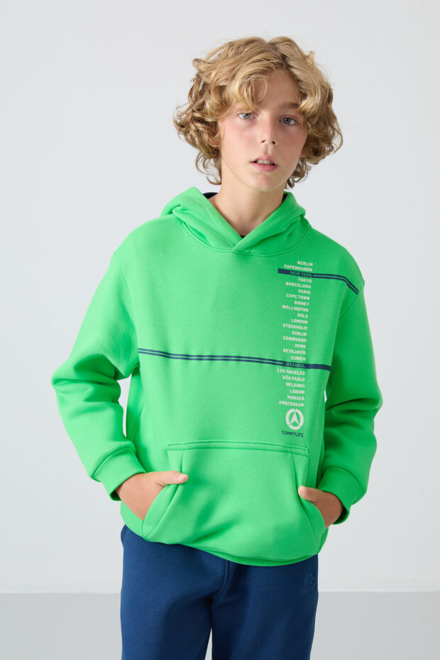 Neon Yeşil Pamuklu Kalın İçi Tüylü Yumuşak Dokulu Standart Fit Baskılı Erkek Çocuk Sweatshirt - 11239