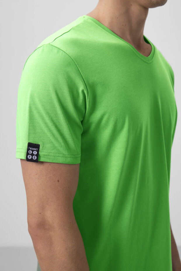 Neon Yeşil Basic Kısa Kol Standart Kalıp V Yaka Erkek T-Shirt - 87912 - 4