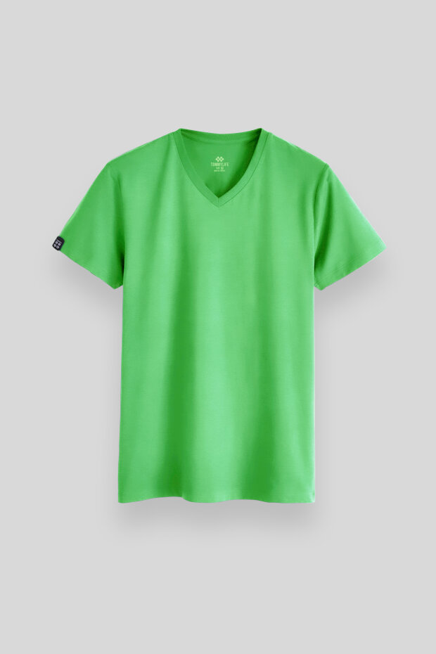 Neon Yeşil Basic Kısa Kol Standart Kalıp V Yaka Erkek T-Shirt - 87912 - 1