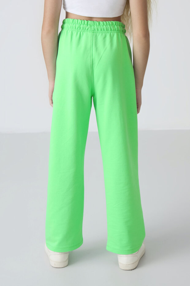 Neon Yeşil Cepli Ön Dikiş Detaylı Geniş Paça Kız Çocuk Eşofman Altı -75144 - 5