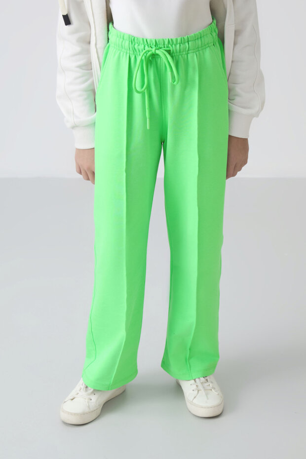 Neon Yeşil Cepli Ön Dikiş Detaylı Geniş Paça Kız Çocuk Eşofman Altı -75144 - 3