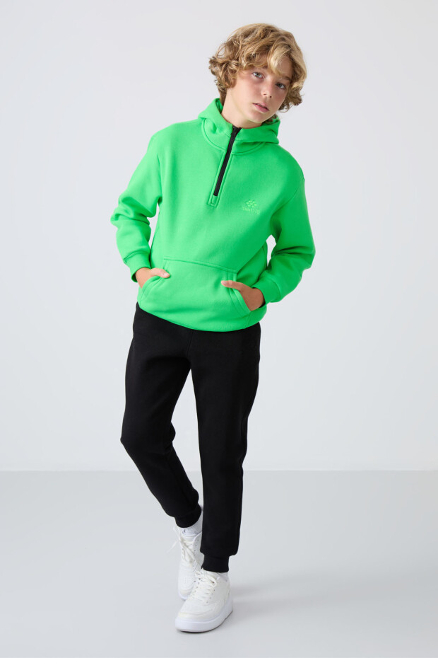 Neon Yeşil Pamuklu Kalın İçi Tüylü Standart Fit Nakışlı Erkek Çocuk Sweatshirt - 11244 - 2
