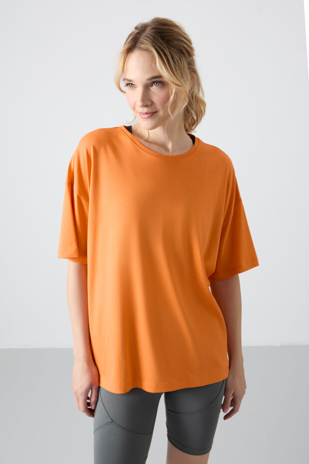 Oranj Penye Modal Yumuşak Tuşeli Oversize Fit Basic Kadın T-Shirt- 97285 - 4
