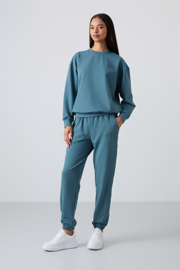 Orman Yeşili Basic Pamuklu O Yaka Oversize Lastik Paça Kadın Eşofman Takım - 95287 - 7