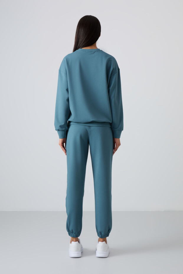Orman Yeşili Basic Pamuklu O Yaka Oversize Lastik Paça Kadın Eşofman Takım - 95287 - 10