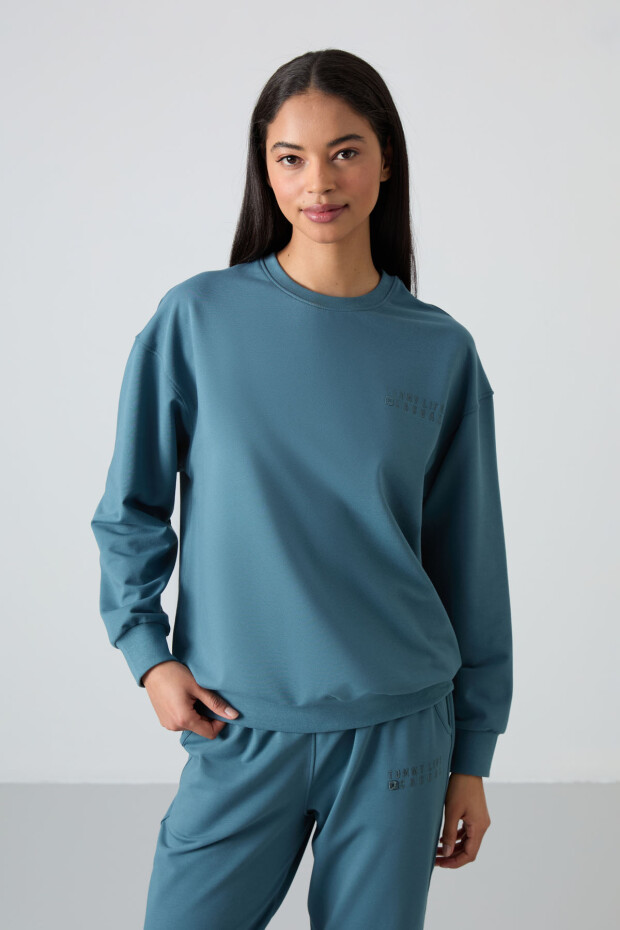Orman Yeşili Basic Pamuklu O Yaka Oversize Lastik Paça Kadın Eşofman Takım - 95287 - 8