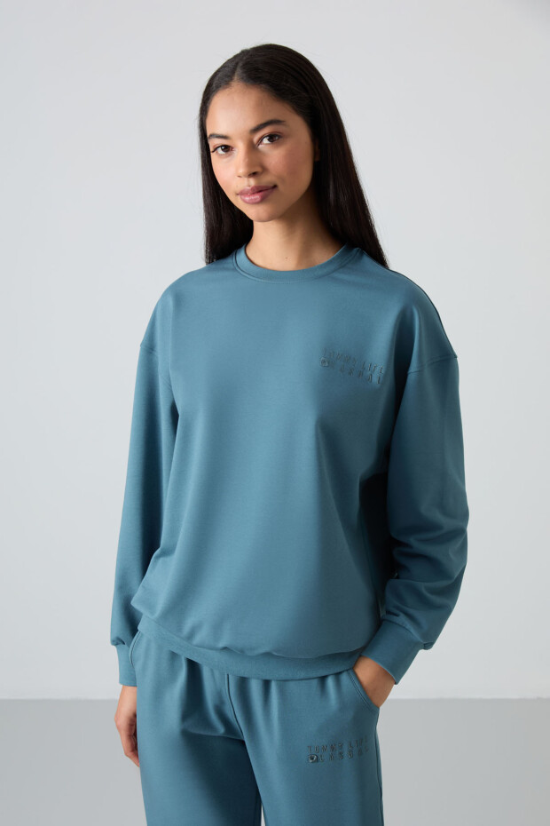 Orman Yeşili Basic Pamuklu O Yaka Oversize Lastik Paça Kadın Eşofman Takım - 95287 - 4