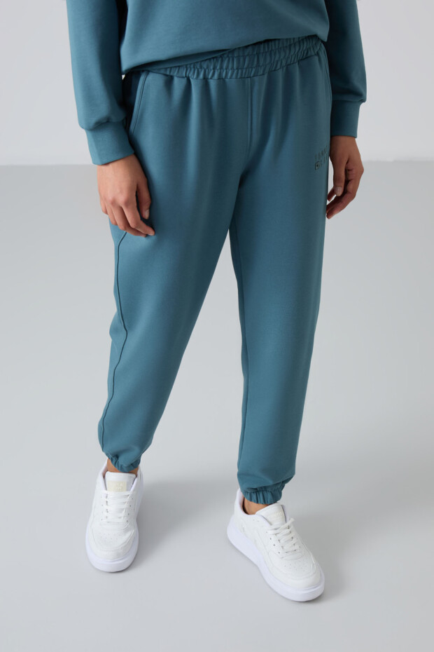 Orman Yeşili Basic Pamuklu O Yaka Oversize Lastik Paça Kadın Eşofman Takım - 95287 - 9