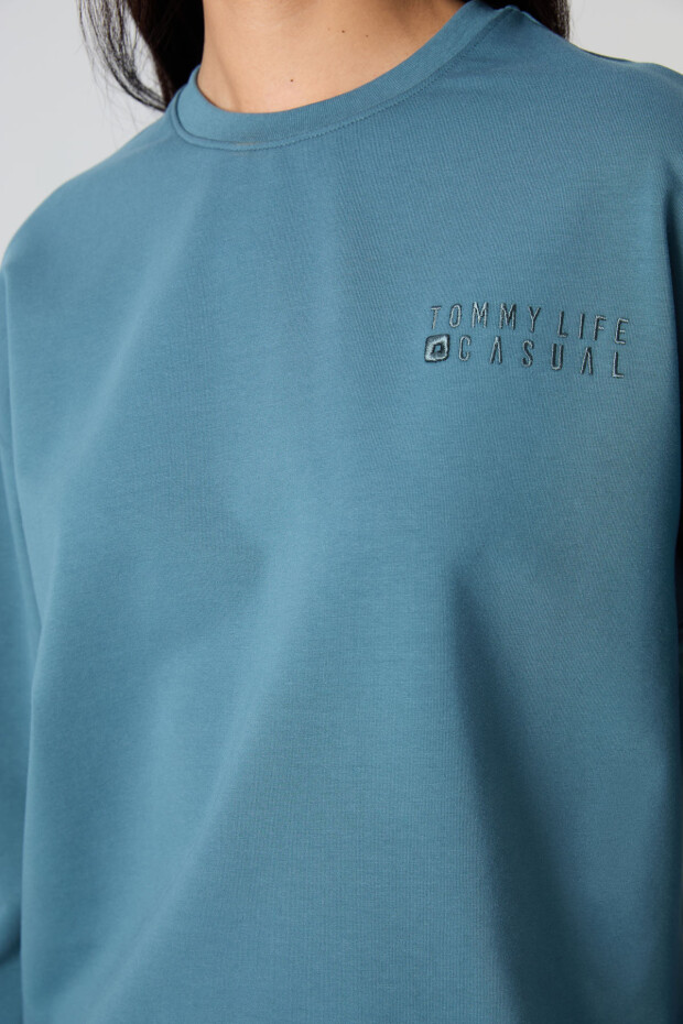 Orman Yeşili Basic Pamuklu O Yaka Oversize Lastik Paça Kadın Eşofman Takım - 95287 - 3