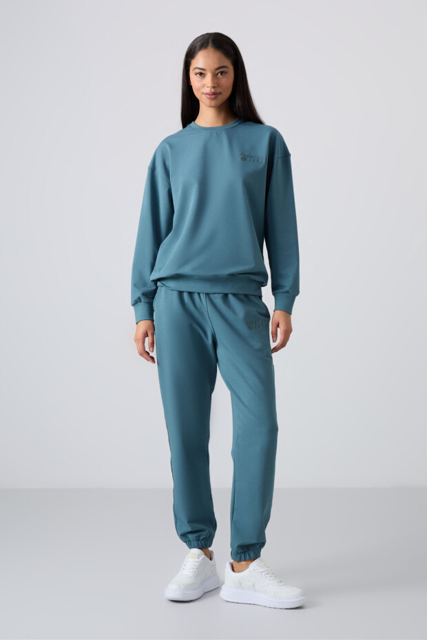 Orman Yeşili Basic Pamuklu O Yaka Oversize Lastik Paça Kadın Eşofman Takım - 95287 - 1