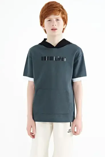 Orman Yeşili Renk Bloklu Kapüşonlu Kanguru Cepli Oversize Erkek Çocuk T-Shirt - 11148 
