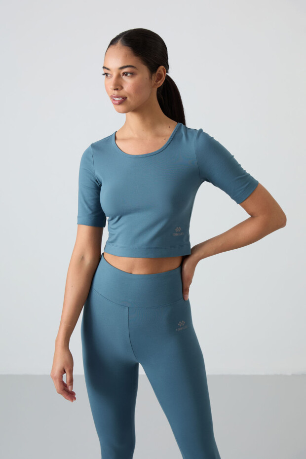 Orman Yeşili Yüksek Bel Kapri-Crop T-Shirt Slim Fit Kadın Tayt Takım - 95285 - 8