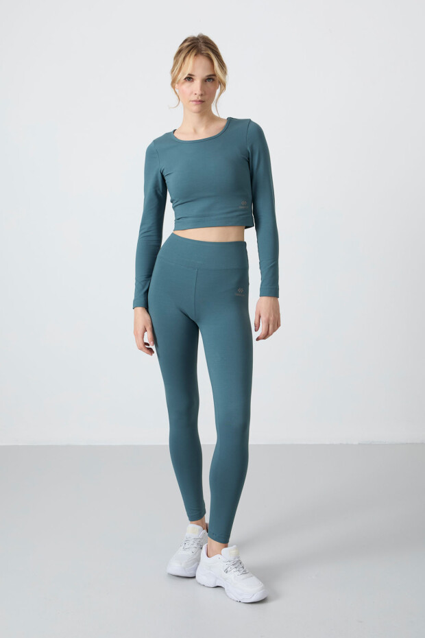 Orman Yeşili Yüksek Bel Uzun Kollu Slim Fit Crop Top Kadın Tayt Takım - 95286 - 5
