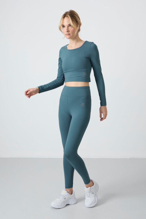 Orman Yeşili Yüksek Bel Uzun Kollu Slim Fit Crop Top Kadın Tayt Takım - 95286 - 2