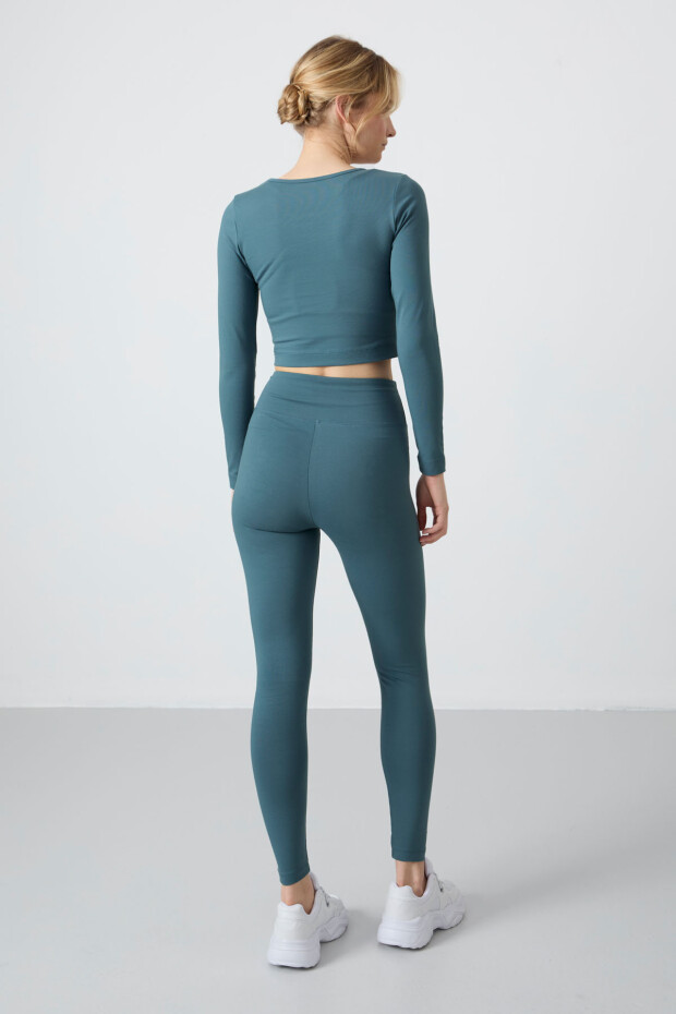 Orman Yeşili Yüksek Bel Uzun Kollu Slim Fit Crop Top Kadın Tayt Takım - 95286 - 9