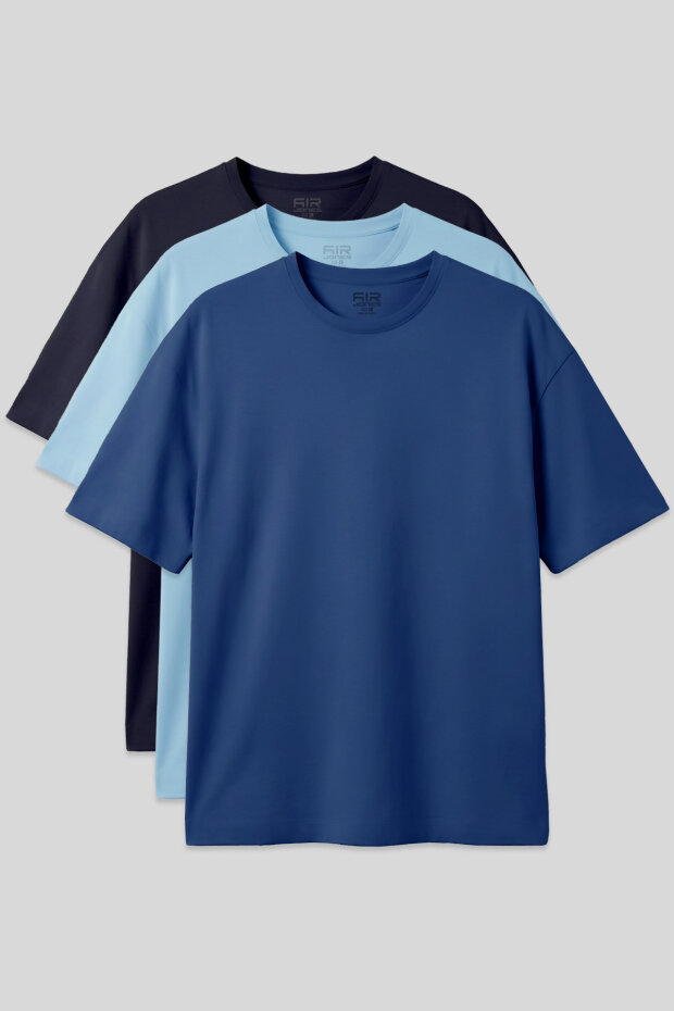 Oversize Fit Basic 3'lü Paket Lacivert-Açık Mavi-Parlament Erkek T-Shirt - 88353 - 1