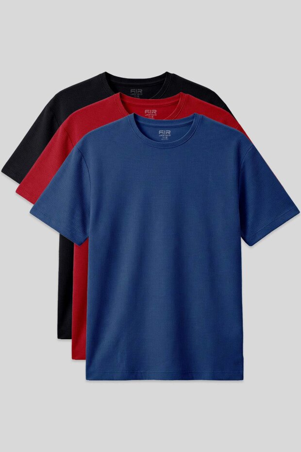 Oversize Fit Basic 3'lü Paket Siyah-Kırmızı-Parlament Erkek T-Shirt - 88379 - 1