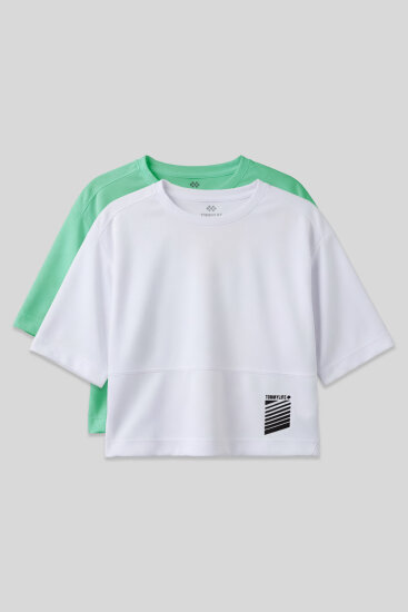 Standart Kalıp O Yaka 2'li Paket Beyaz-Su Yeşili Kadın T-Shirt - 97284 