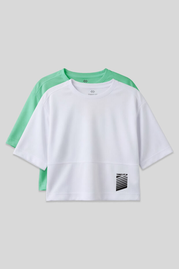 Standart Kalıp O Yaka 2'li Paket Beyaz-Su Yeşili Kadın T-Shirt - 97284 - 1