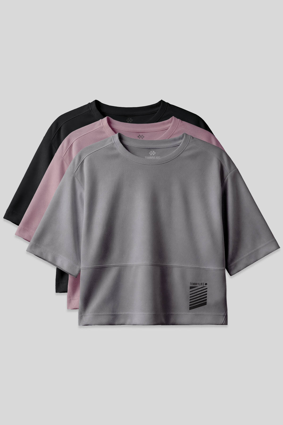 Oversize Fit O Yaka 3'lü Paket Siyah-Koyu Gri-Gül Kurusu Kadın T-Shirt - 97284 - TOMMYLIFE
