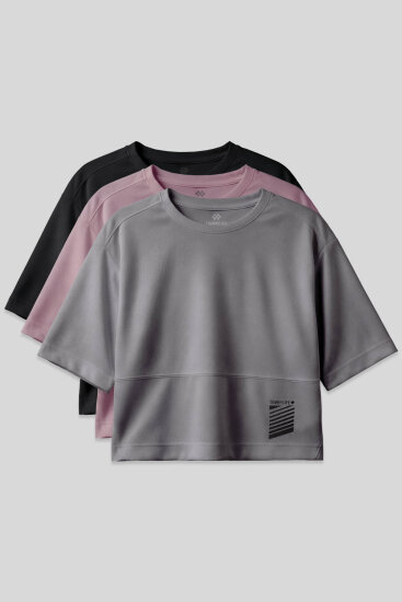 Standart Kalıp O Yaka 3'lü Paket Siyah-Koyu Gri-Gül Kurusu Kadın T-Shirt - 97284 