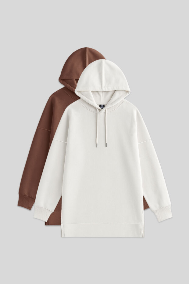 Oversize Kapüşonlu 2'li Paket Ekru-Kahverengi Kadın Tunik Sweatshirt - 97242 - 1