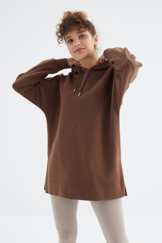 Oversize Kapüşonlu 2'li Paket Ekru-Kahverengi Kadın Tunik Sweatshirt - 97242 - 4