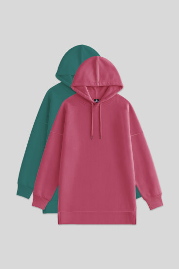 Oversize Kapüşonlu 2'li Paket Yaban Gülü-Deniz Yeşili Kadın Tunik Sweatshirt - 97242 