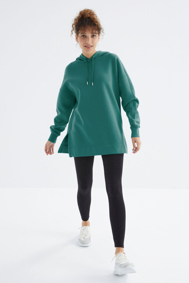 Rahat Form Kapüşonlu 2'li Paket Yaban Gülü-Deniz Yeşili Kadın Tunik Sweatshirt - 97242 - 2