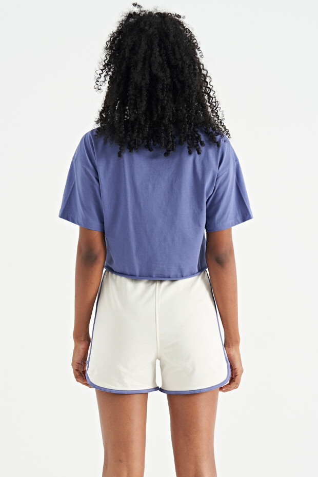 Açık Eflatun Baskılı Düşük Kol Detaylı Oversize Kadın Crop T-Shirt - 02179