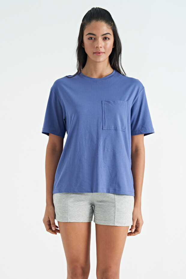 Açık Eflatun Düşük Omuzlu Cep Detaylı Oversize Kadın T-Shirt - 02268