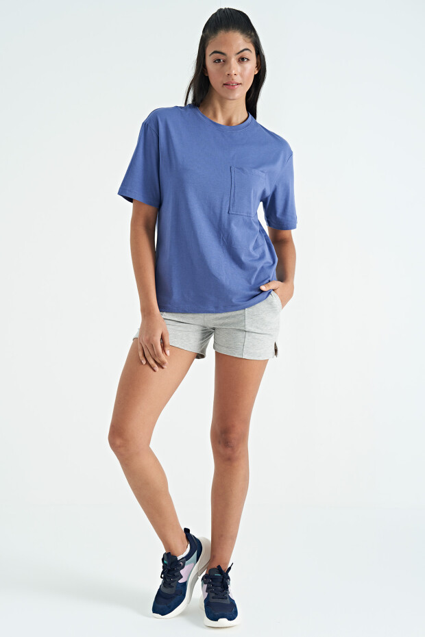 Açık Eflatun Düşük Omuzlu Cep Detaylı Oversize Kadın T-Shirt - 02268