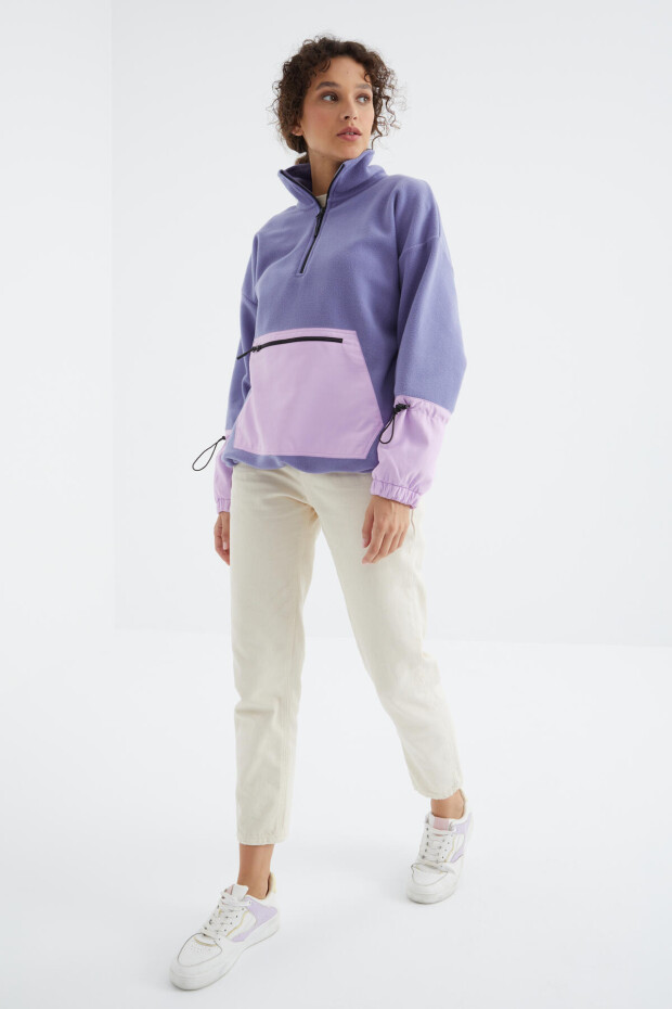 Açık Eflatun Etek Ucu Büzgülü Yarım Fermuarlı Oversize Kadın Polar Sweatshirt - 97238 - 4