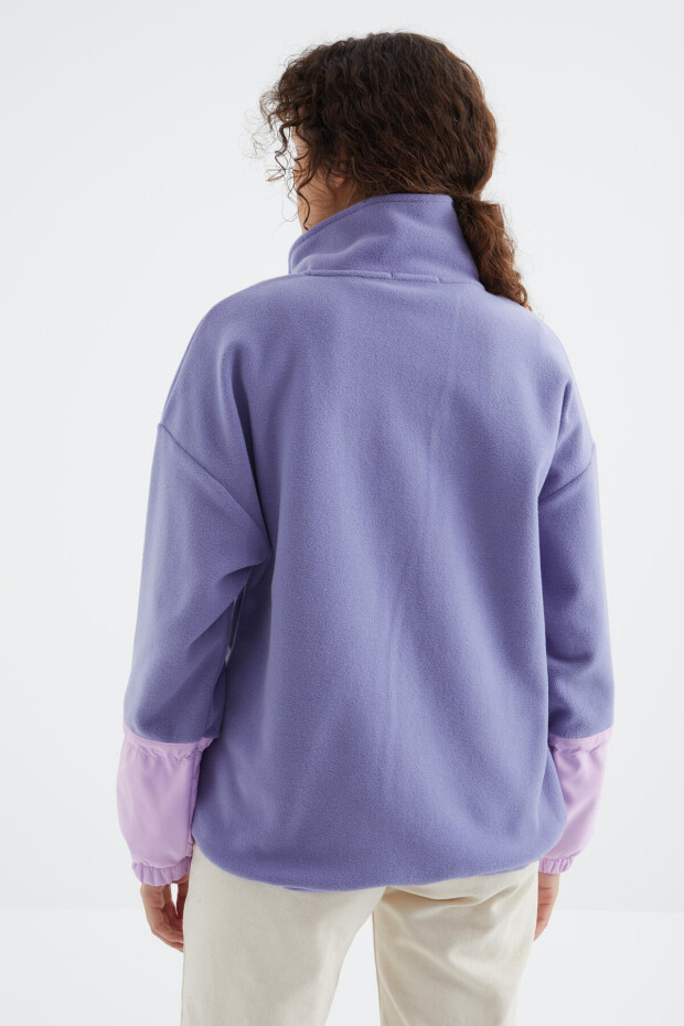 Açık Eflatun Etek Ucu Büzgülü Yarım Fermuarlı Oversize Kadın Polar Sweatshirt - 97238 - 6