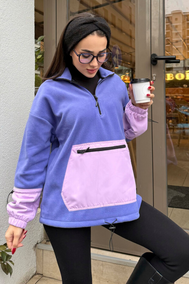 Açık Eflatun Etek Ucu Büzgülü Yarım Fermuarlı Oversize Kadın Polar Sweatshirt - 97238 - 3
