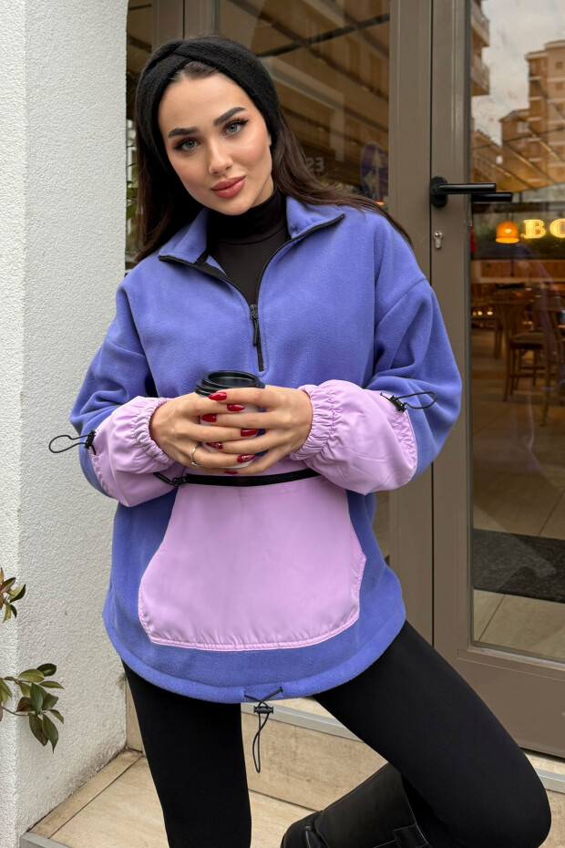 Açık Eflatun Etek Ucu Büzgülü Yarım Fermuarlı Oversize Kadın Polar Sweatshirt - 97238 - 1
