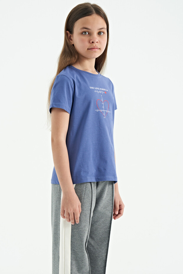 Açık Eflatun O Yaka Baskı Detaylı Rahat Kalıp Kız Çocuk T-Shirt - 75129