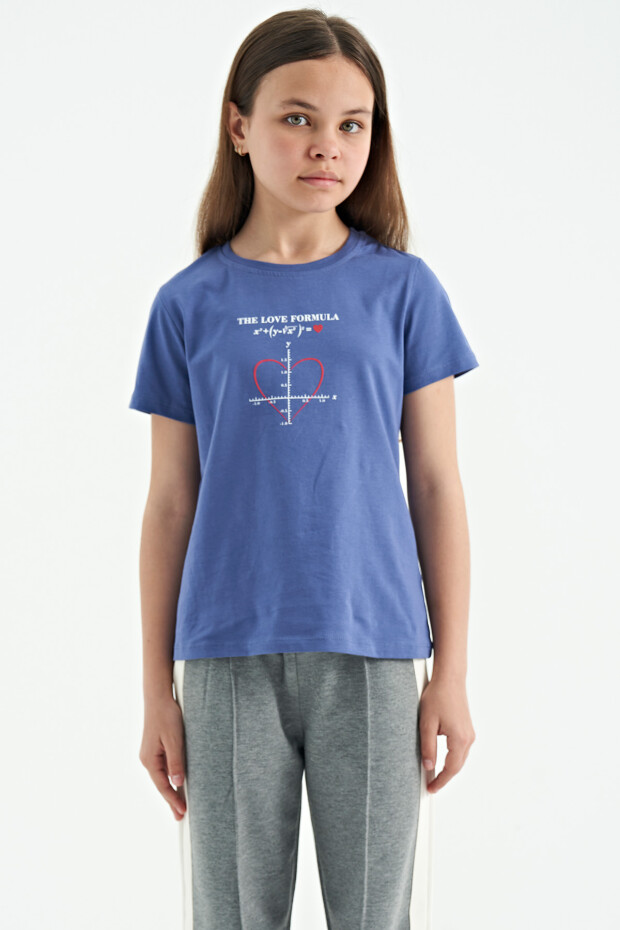 Açık Eflatun O Yaka Baskı Detaylı Rahat Kalıp Kız Çocuk T-Shirt - 75129
