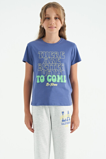 Açık Eflatun O Yaka Yazı Baskılı Rahat Form Kısa Kollu Cropped Kız Çocuk T-Shirt - 75118 