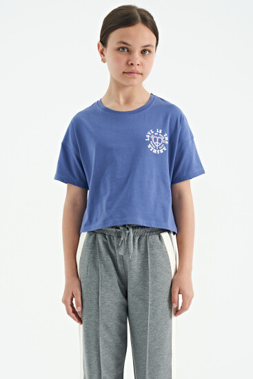 Açık Eflatun Ön Arka Baskılı O Yaka Düşük Omuz Oversize Kısa Kollu Kız Çocuk T-Shirt - 75126 